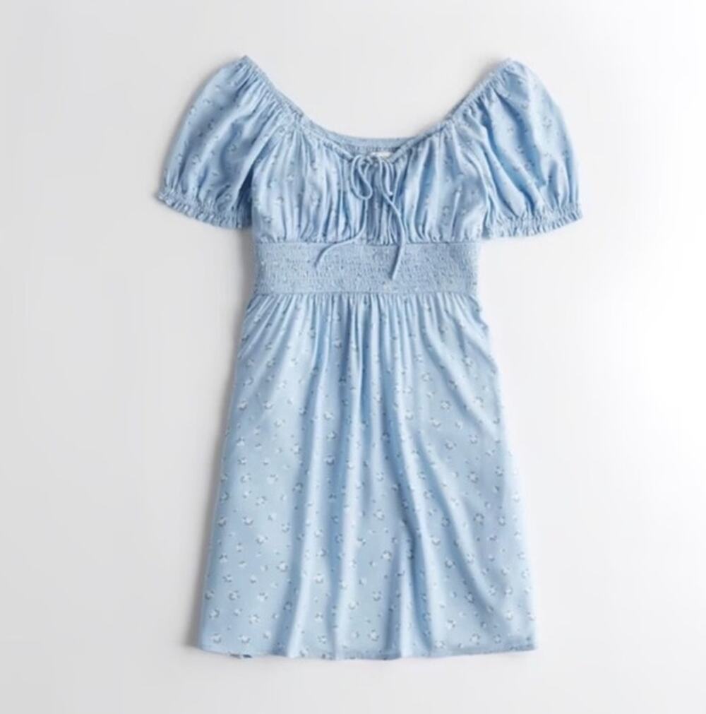 Hollister Blue Swiss Dot Puff Sleeve Ruched Coquette Mini Dress Small